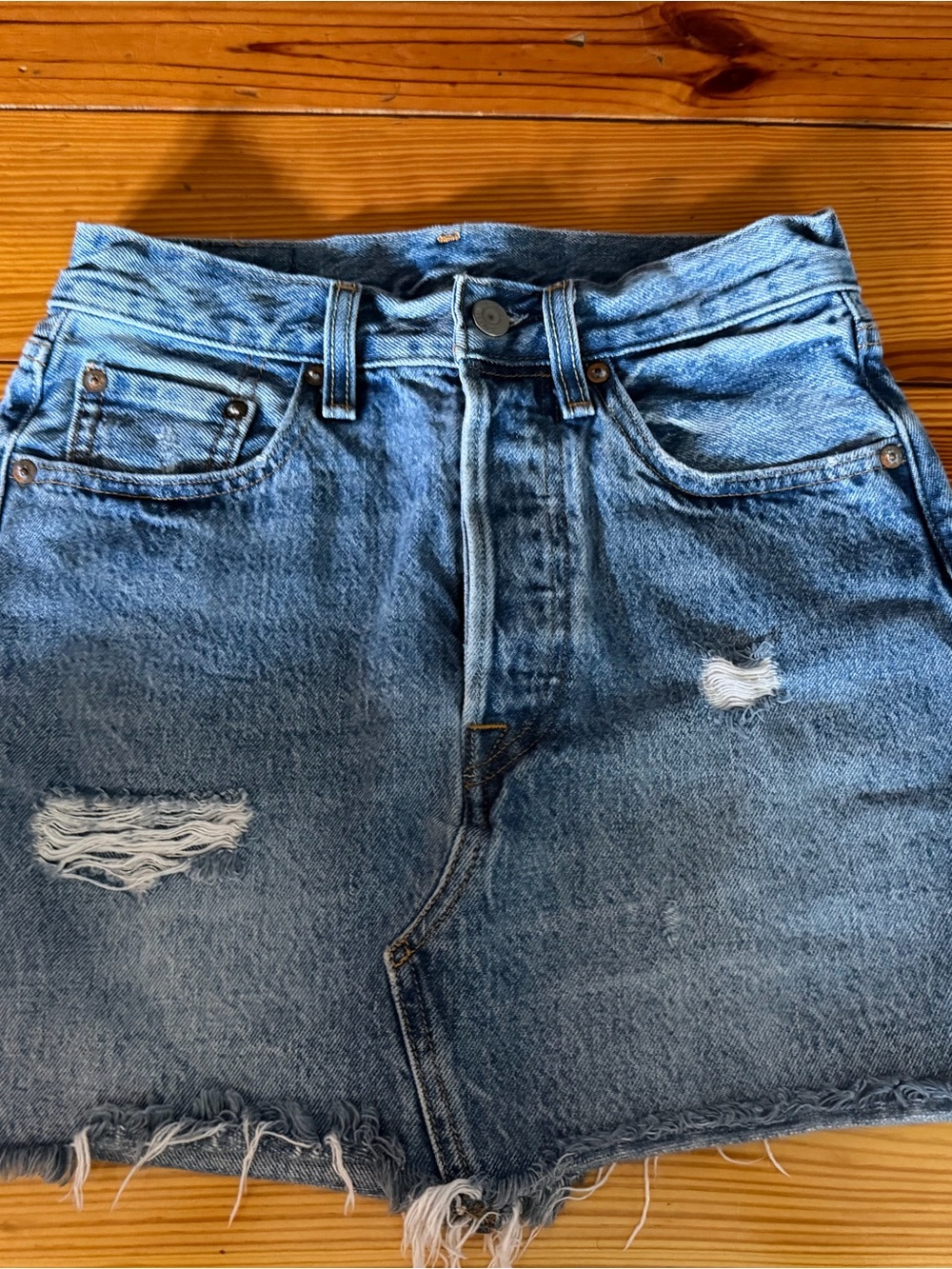 High-Waist Distressed Denim Mini Skirt - Light Blue. Vintage 1990s